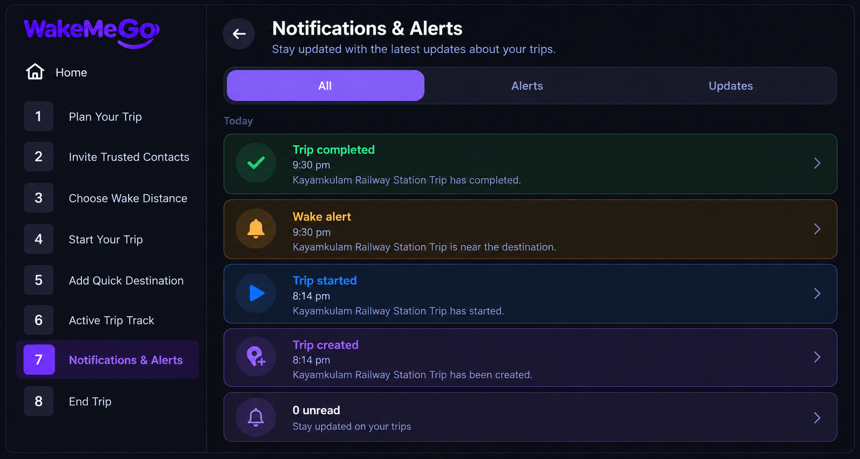 WakeMeGo Notifications and Alerts screen